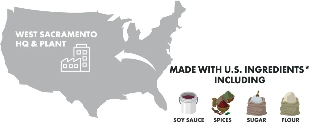 Made with U.S. ingredients including soy sauce, spices, sugar, flour
